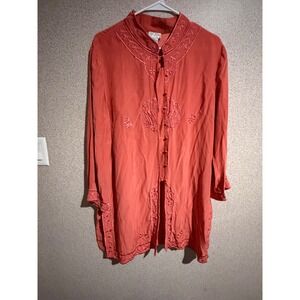 Yi Lin Women Coral Orange 100% Silk Embroidered Mandarin Collar Tunic Top Large